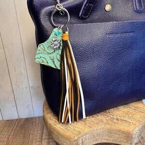 Leather Bag Charm Cow Tag Tassel Charm Western Purse Charm NEW! Turquoise Blue